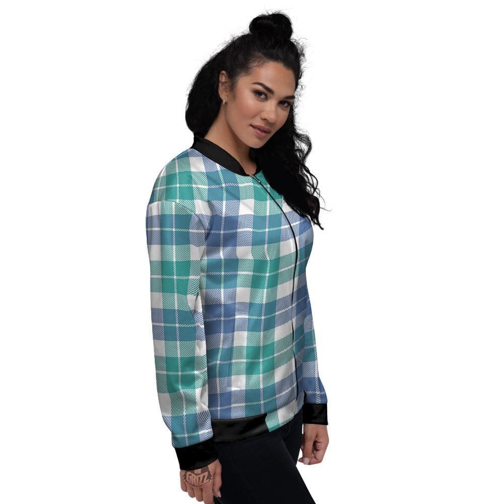 Buffalo Plaid White Green And Blue Print Pattern Women's Bomber Jacket-grizzshop
