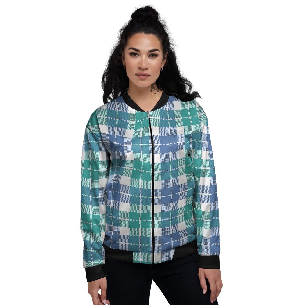Buffalo Plaid White Green And Blue Print Pattern Women's Bomber Jacket-grizzshop