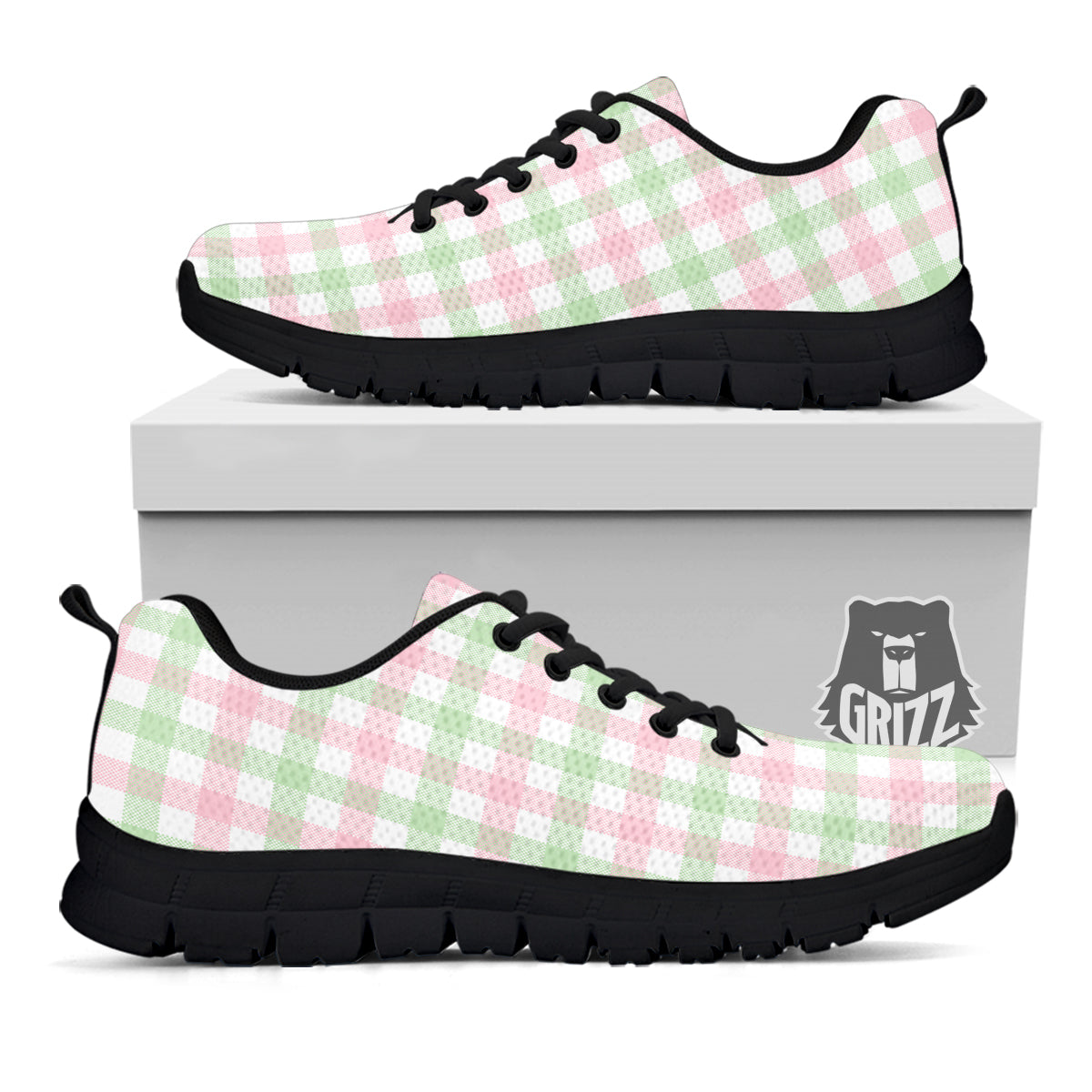 Buffalo Plaid White Pink And Green Print Pattern Black Sneaker-grizzshop