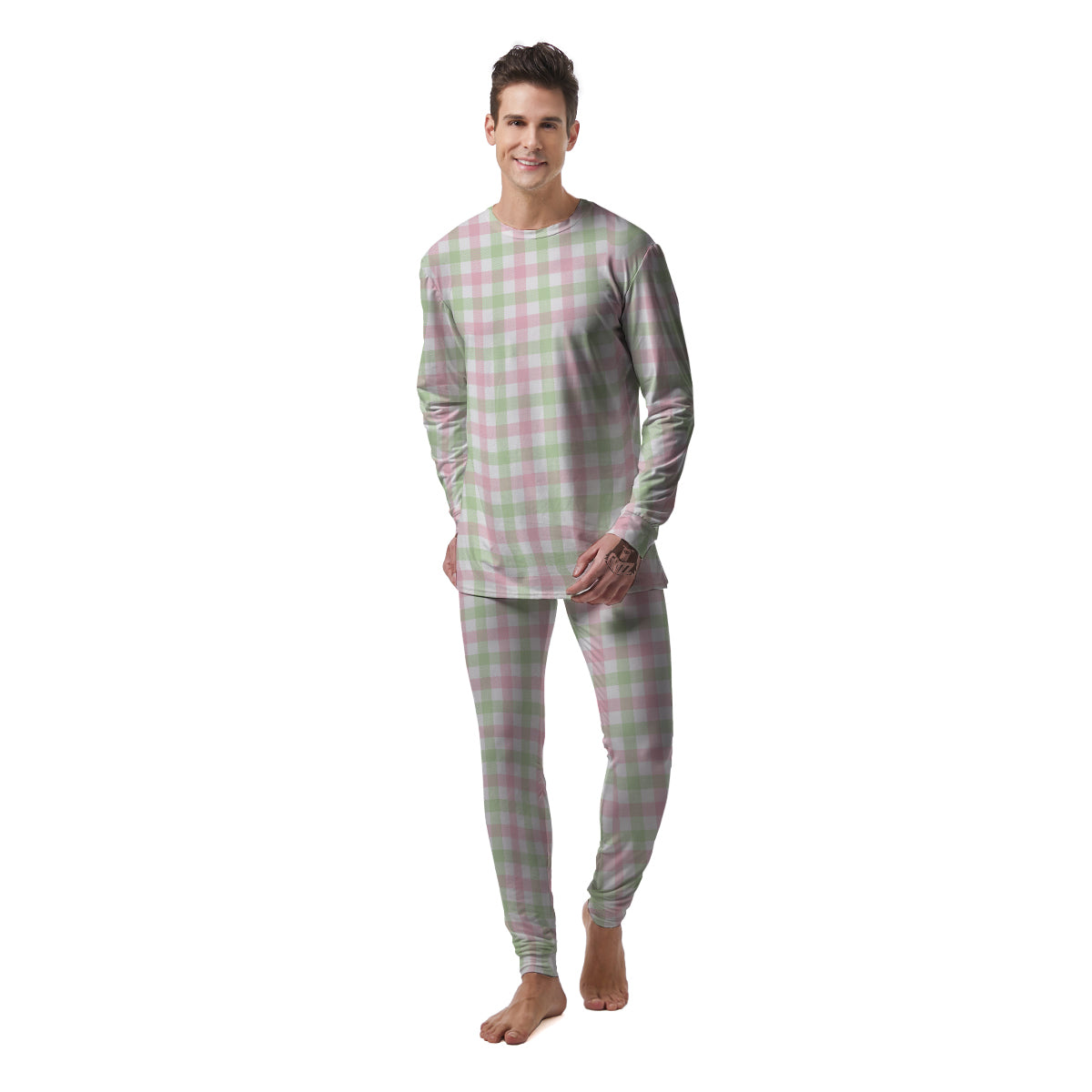 Buffalo Plaid White Pink And Green Print Pattern Men's Pajamas-grizzshop