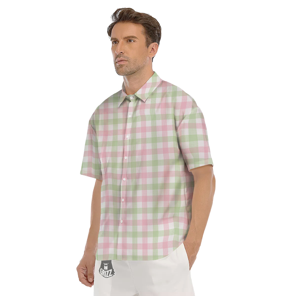 Buffalo Plaid White Pink And Green Print Pattern Men's Short Sleeve Shirts-grizzshop