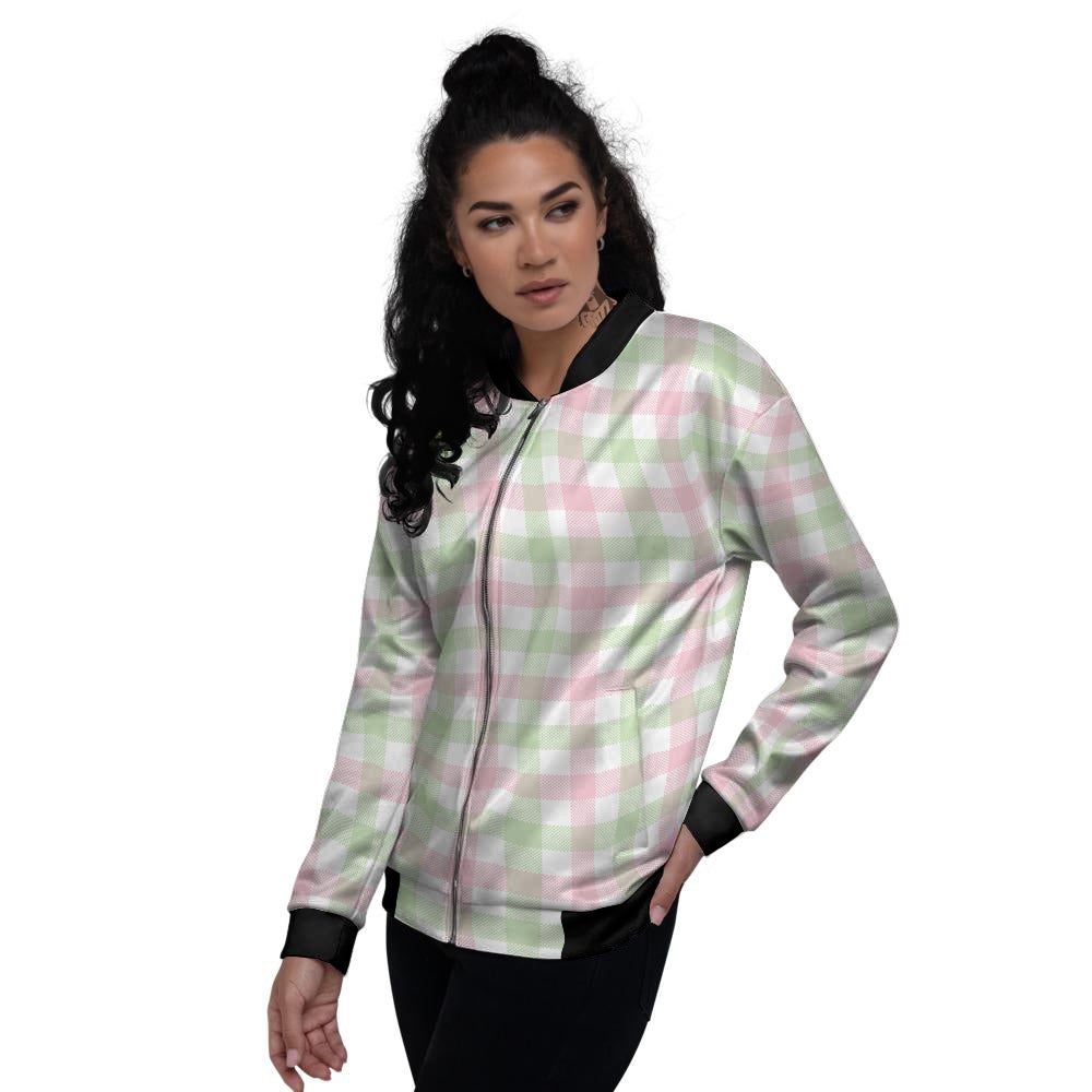 Buffalo Plaid White Pink And Green Print Pattern Women's Bomber Jacket-grizzshop