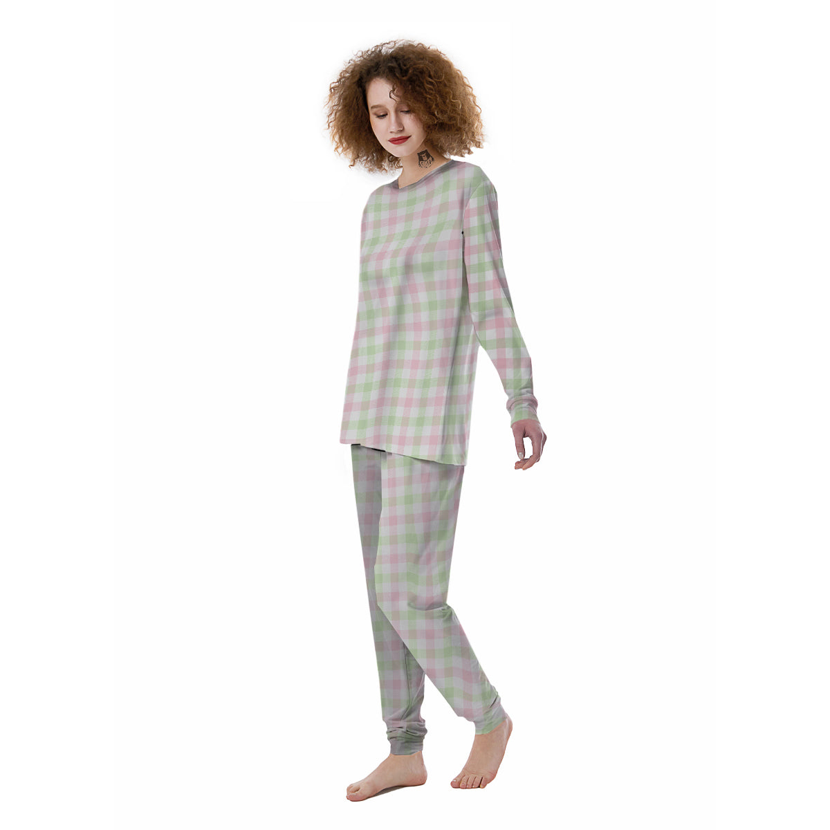 Buffalo Plaid White Pink And Green Print Pattern Women's Pajamas-grizzshop