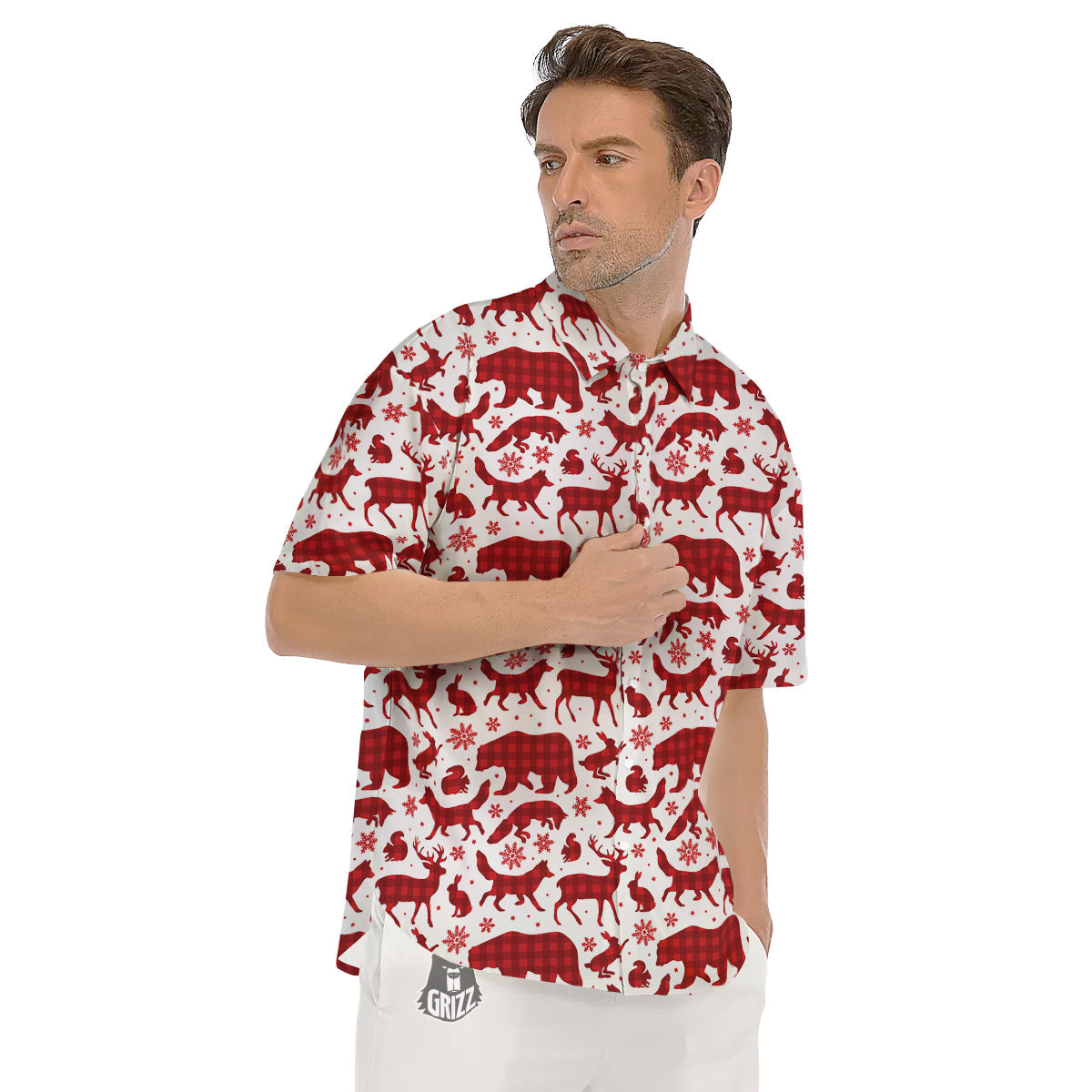 Buffalo Plaid Winter Forest Animal Print Pattern Men's Short Sleeve Shirts-grizzshop