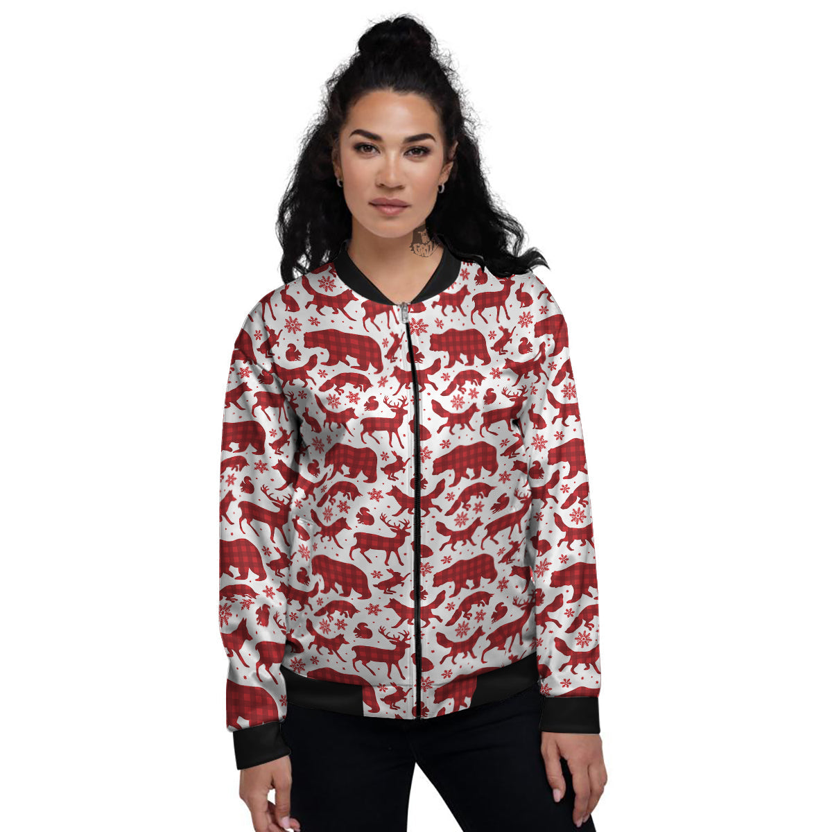 Buffalo Plaid Winter Forest Animal Print Pattern Women's Bomber Jacket-grizzshop