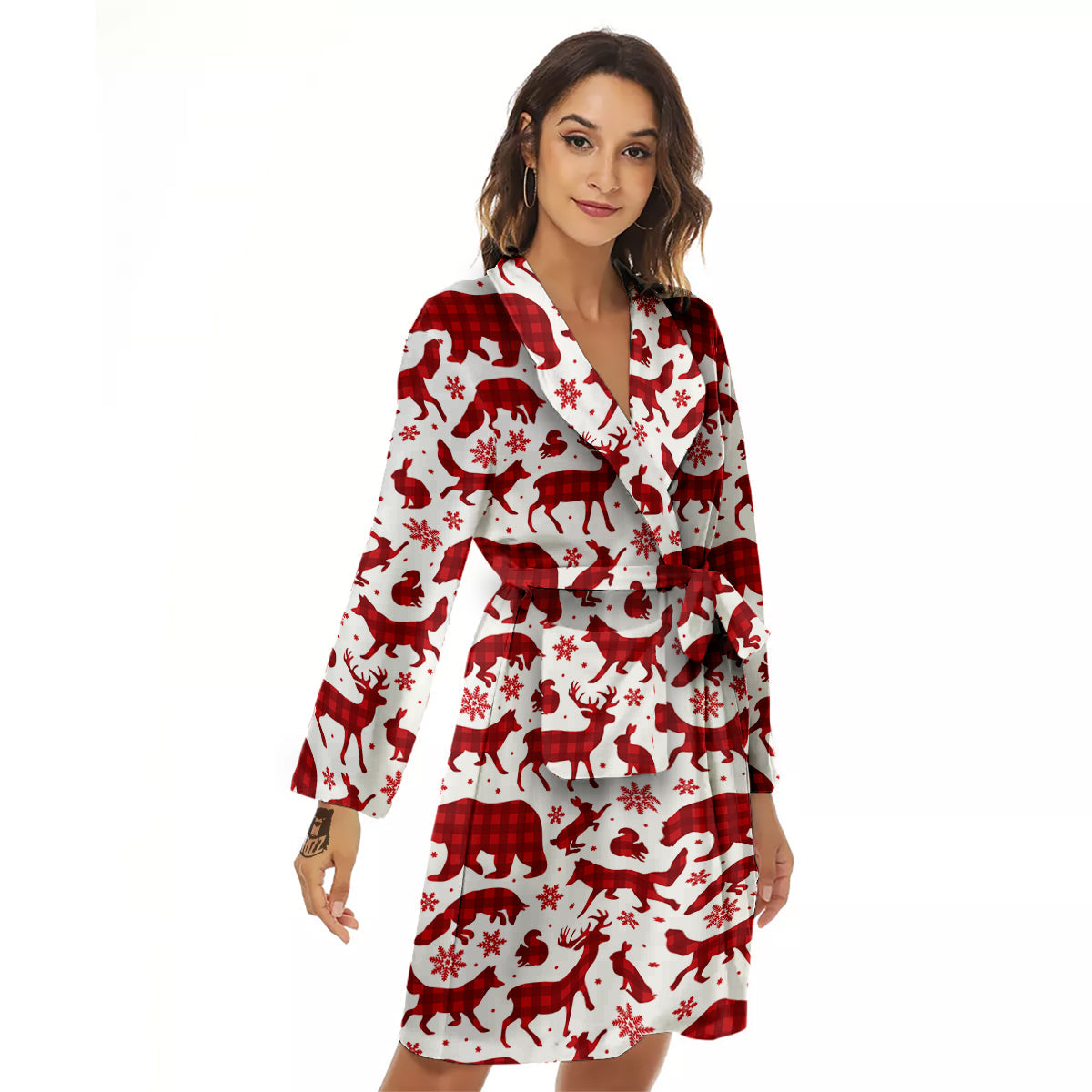 Buffalo Plaid Winter Forest Animal Print Pattern Women's Robe-grizzshop