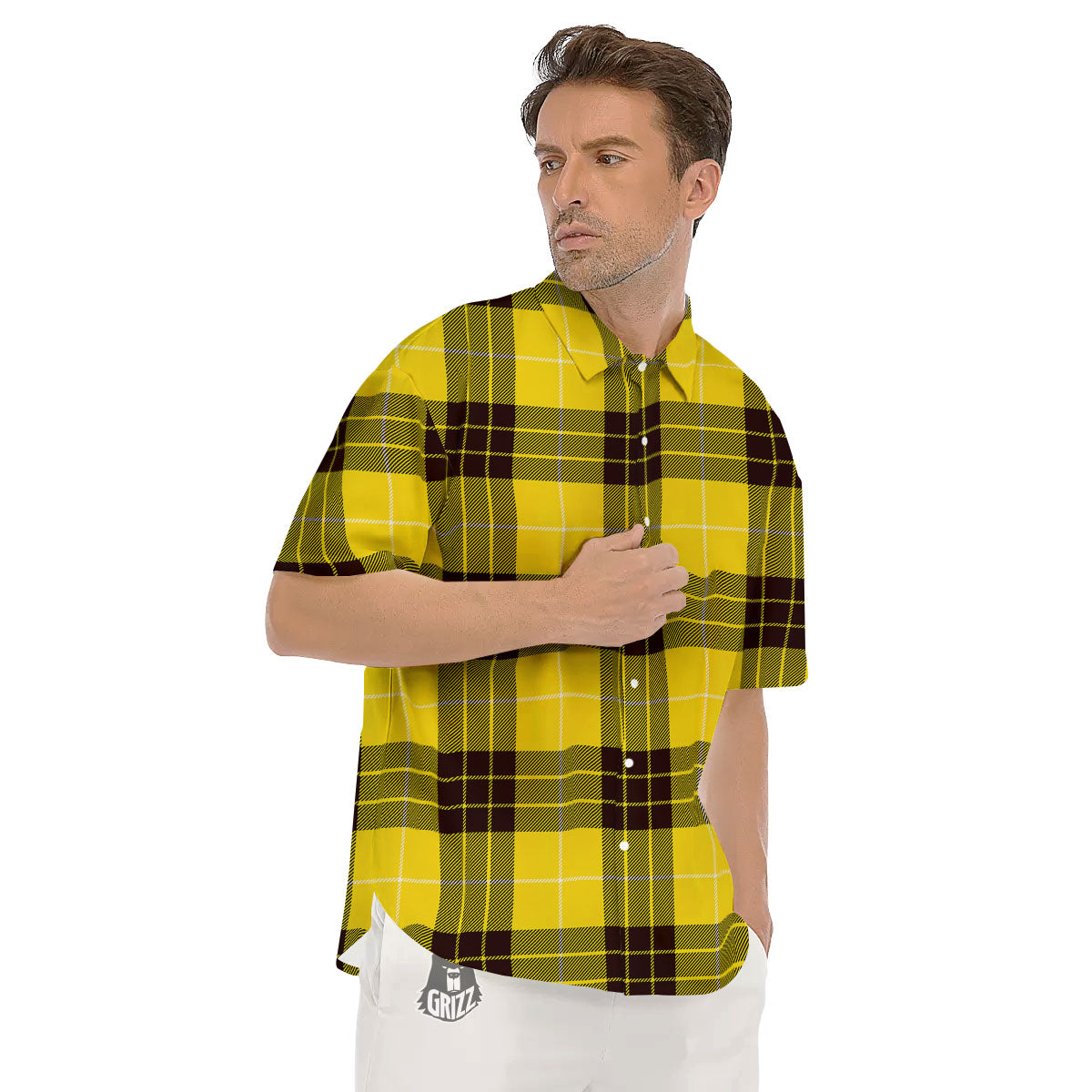 Buffalo Plaid Yellow Print Pattern Men's Short Sleeve Shirts-grizzshop