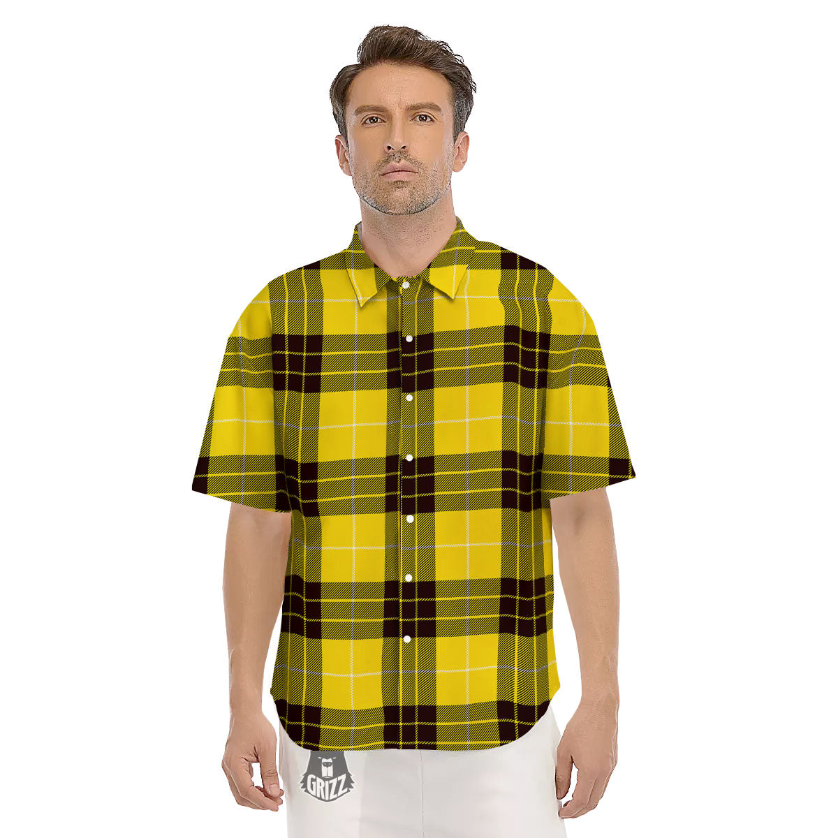 Buffalo Plaid Yellow Print Pattern Men's Short Sleeve Shirts-grizzshop