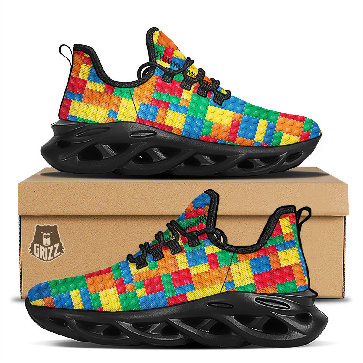 Building Blocks Colorful Plastic Print Black Running Shoes-grizzshop