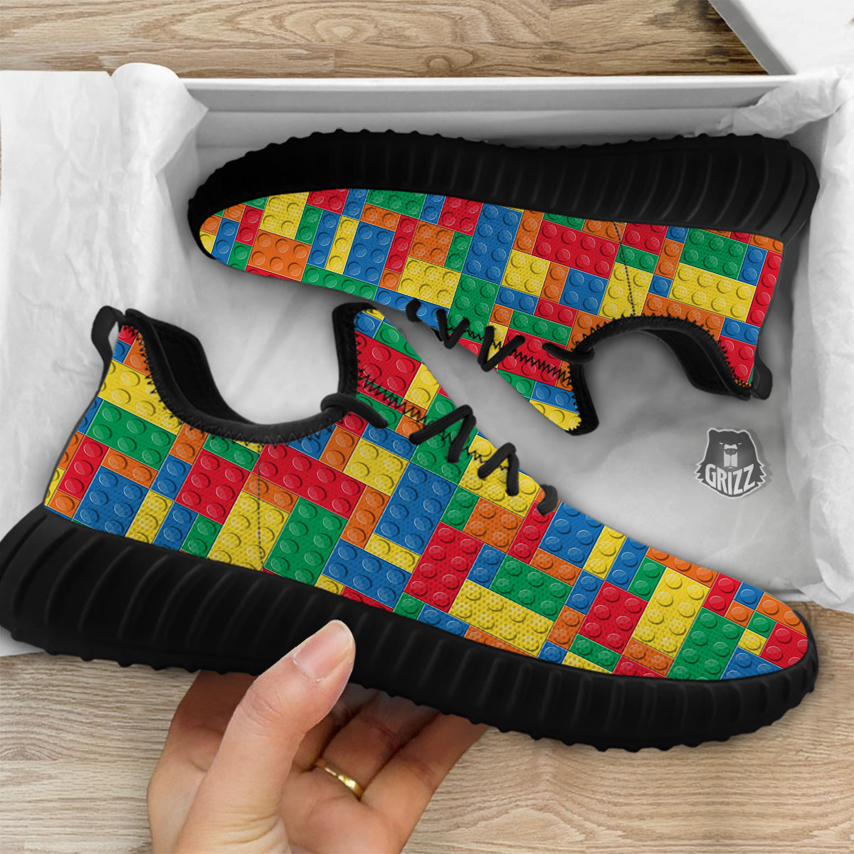 Building Blocks Colorful Plastic Print Black Walking Shoes-grizzshop
