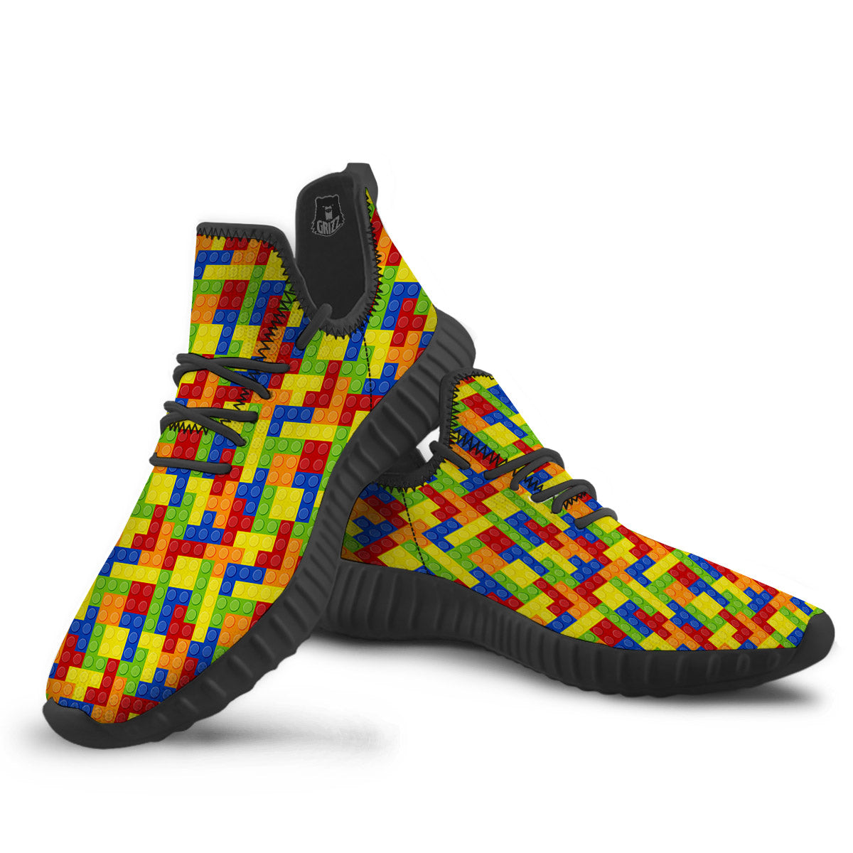 Building Blocks Colorful Print Pattern Black Walking Shoes-grizzshop