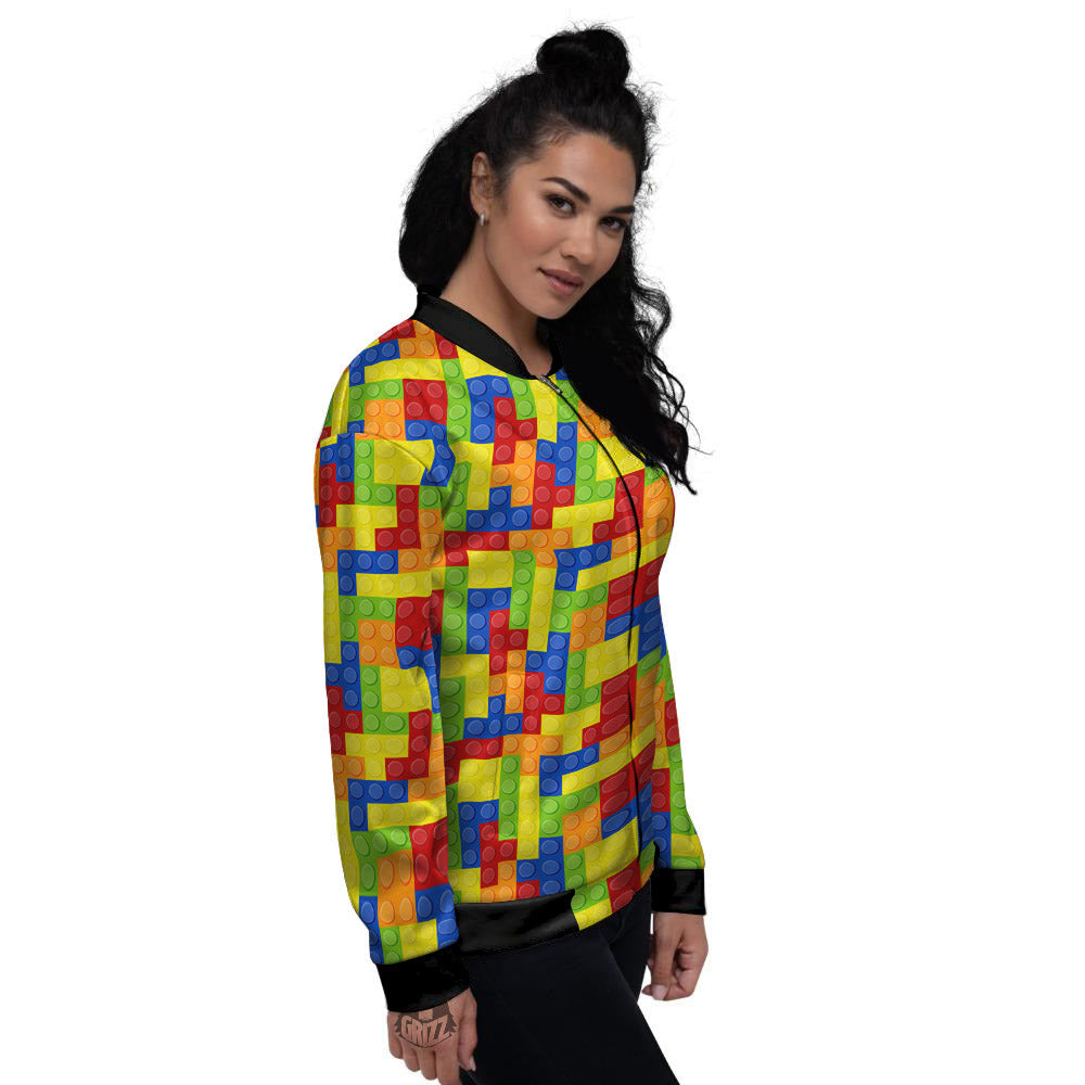 Building Blocks Colorful Print Pattern Women's Bomber Jacket-grizzshop