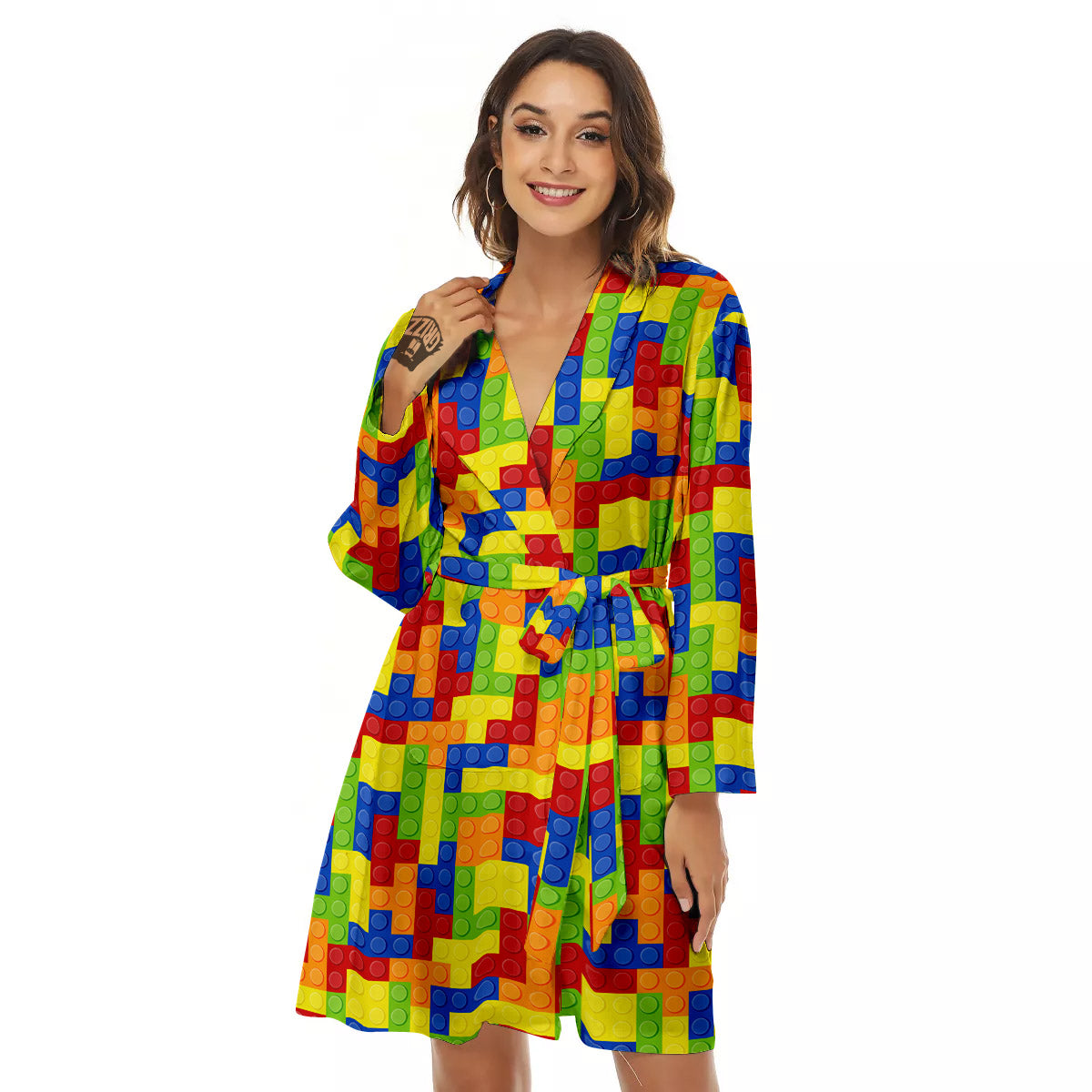 Building Blocks Colorful Print Pattern Women's Robe-grizzshop