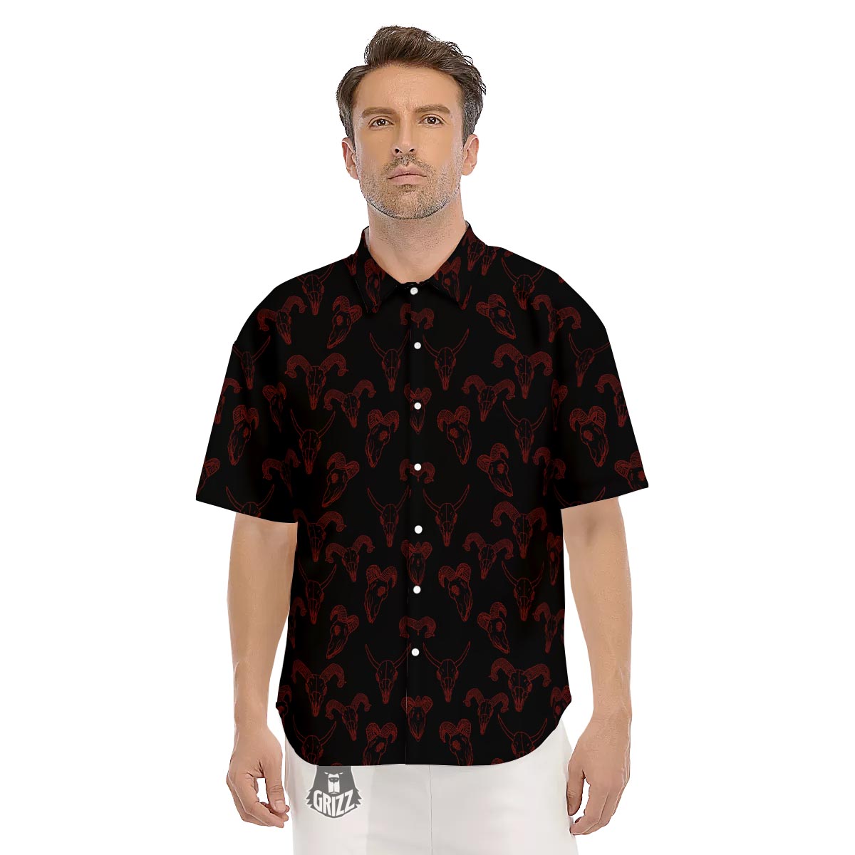 Bull Skull Black And Red Print Pattern Men's Short Sleeve Shirts-grizzshop