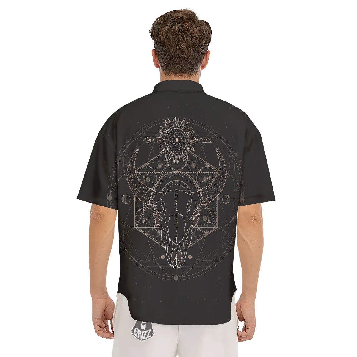 Bull Skull Geometric Print Men's Short Sleeve Shirts-grizzshop