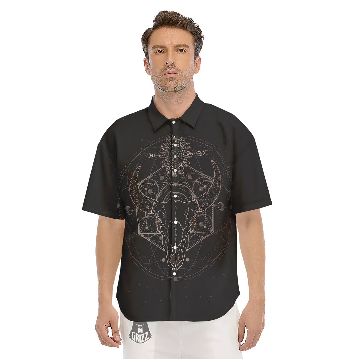 Bull Skull Geometric Print Men's Short Sleeve Shirts-grizzshop