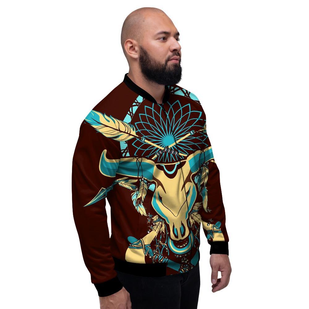 Bull Skull Indian Tribal Print Men's Bomber Jacket-grizzshop