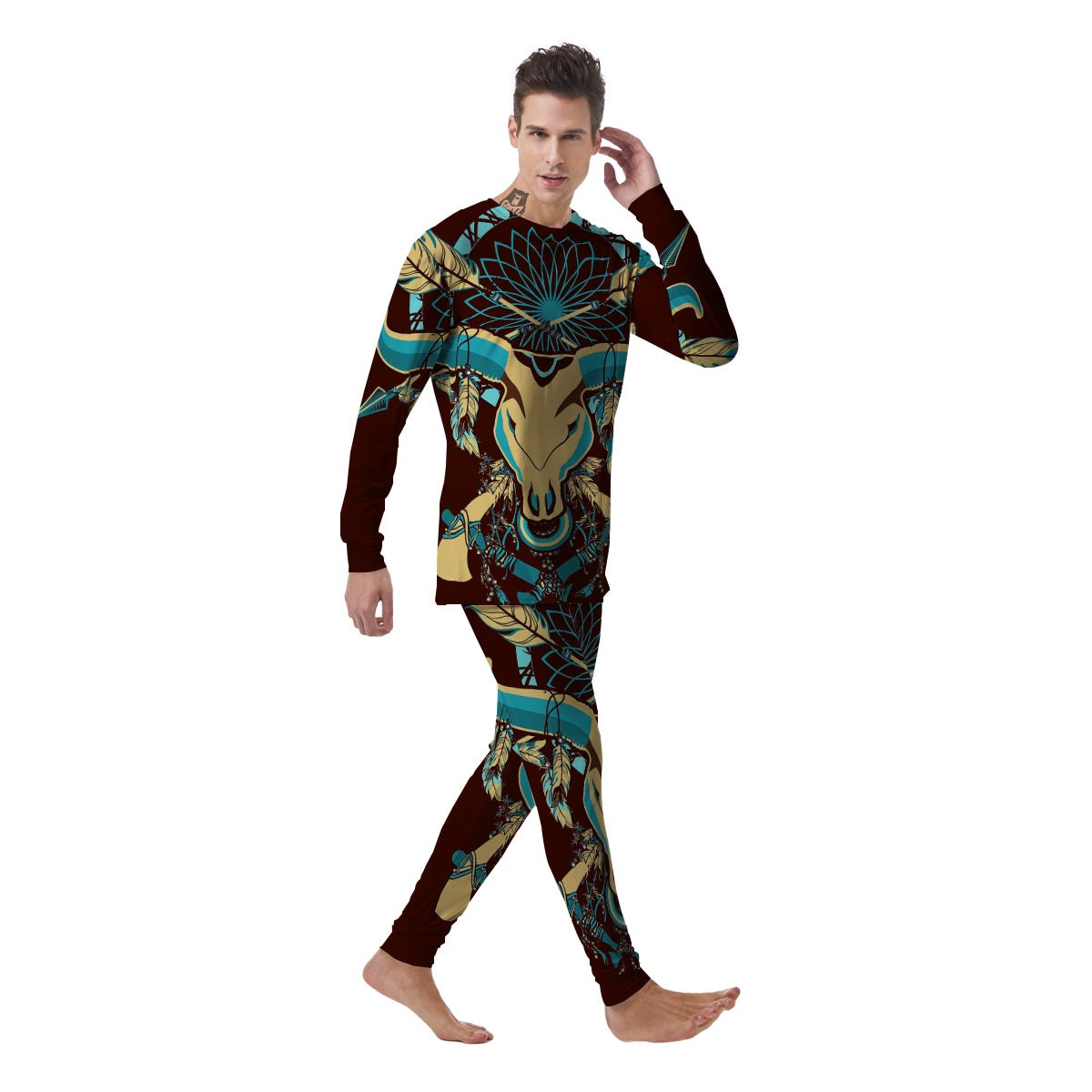 Bull Skull Indian Tribal Print Men's Pajamas-grizzshop