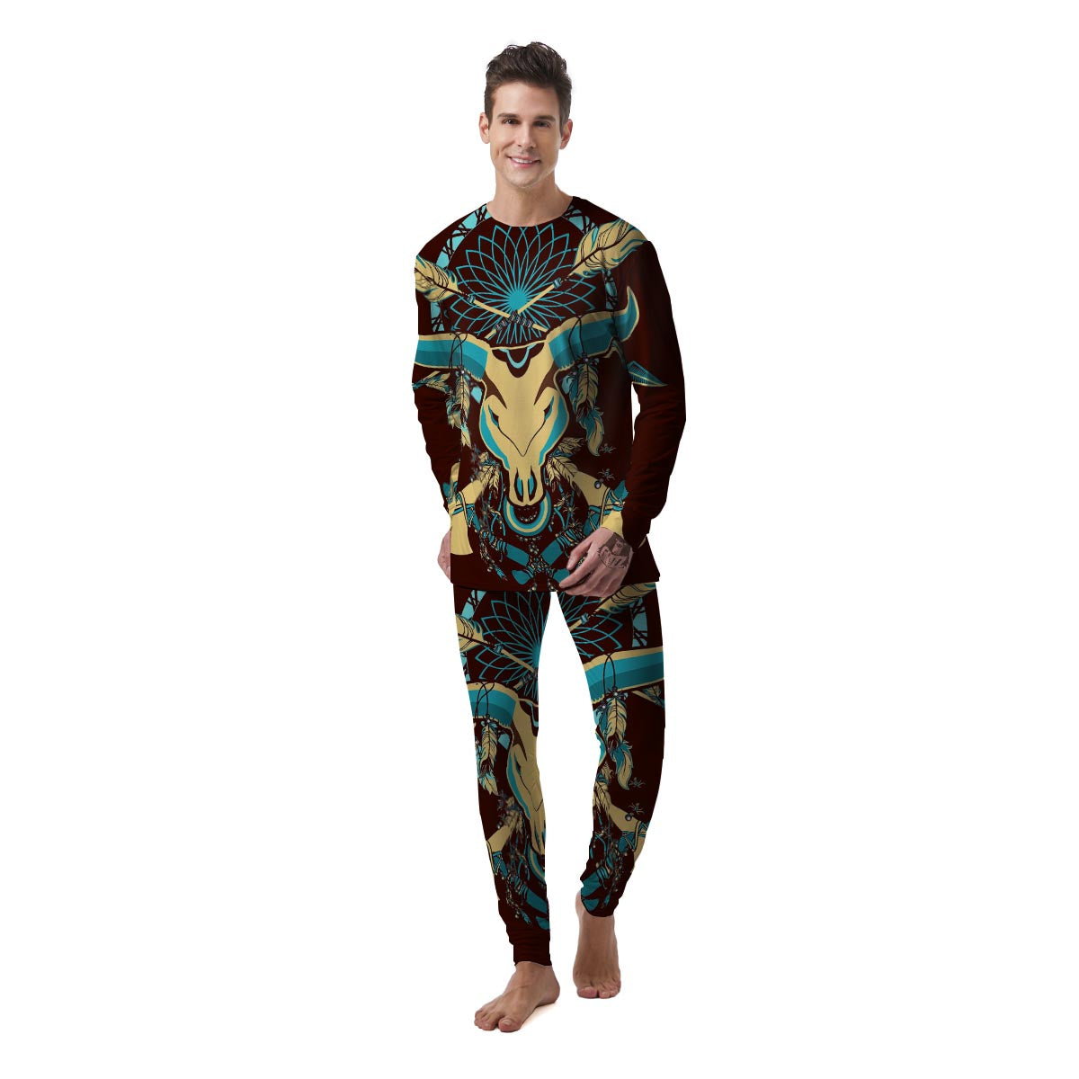 Bull Skull Indian Tribal Print Men's Pajamas-grizzshop