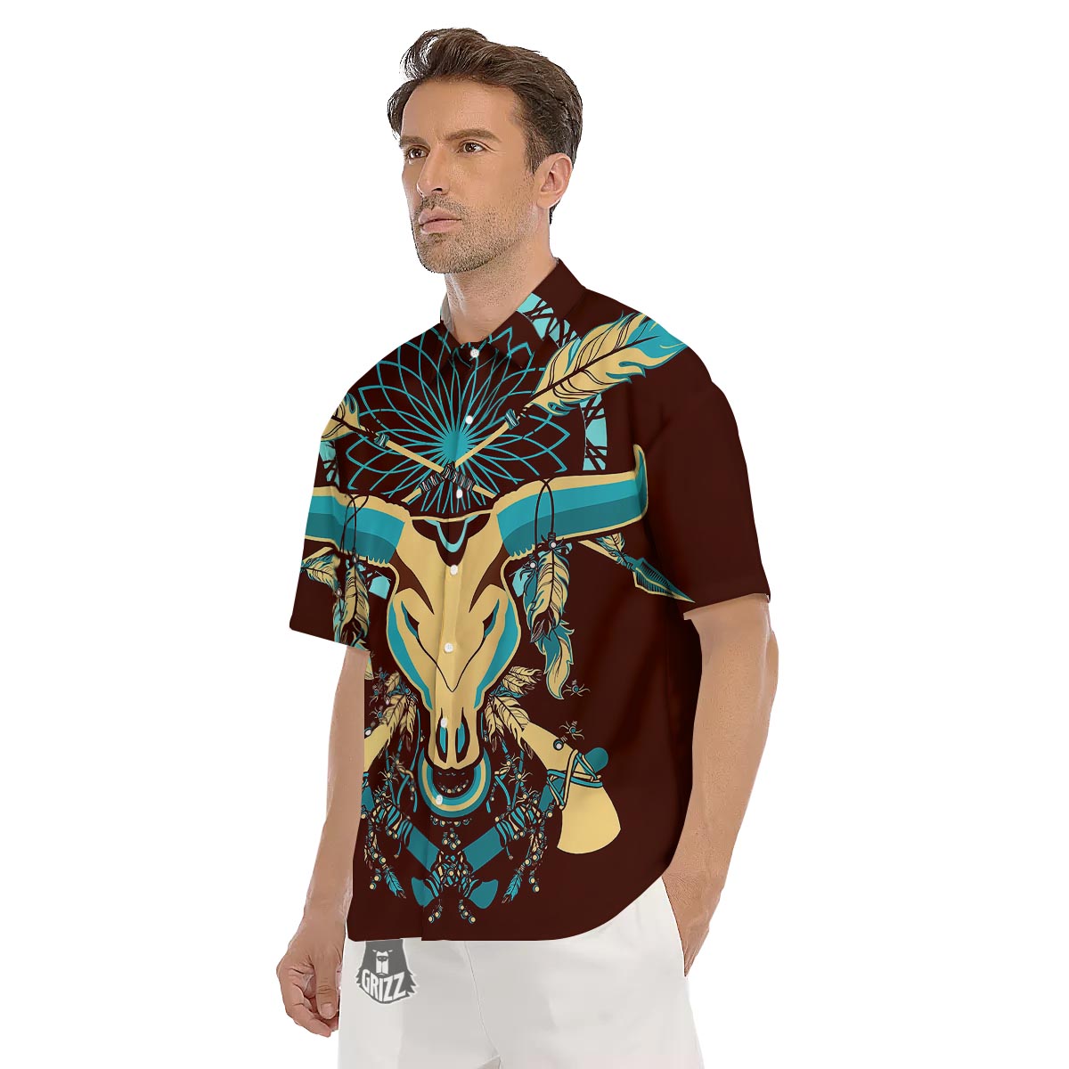 Bull Skull Indian Tribal Print Men's Short Sleeve Shirts-grizzshop