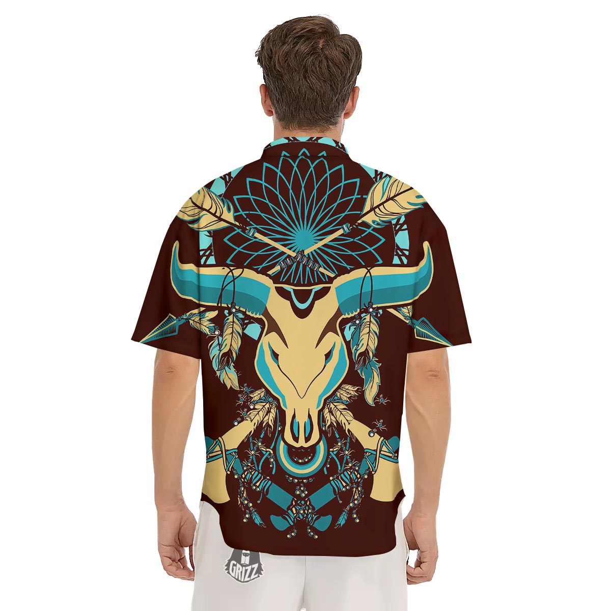 Bull Skull Indian Tribal Print Men's Short Sleeve Shirts-grizzshop