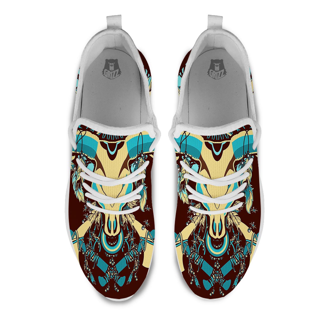 Bull Skull Indian Tribal Print White Athletic Shoes-grizzshop