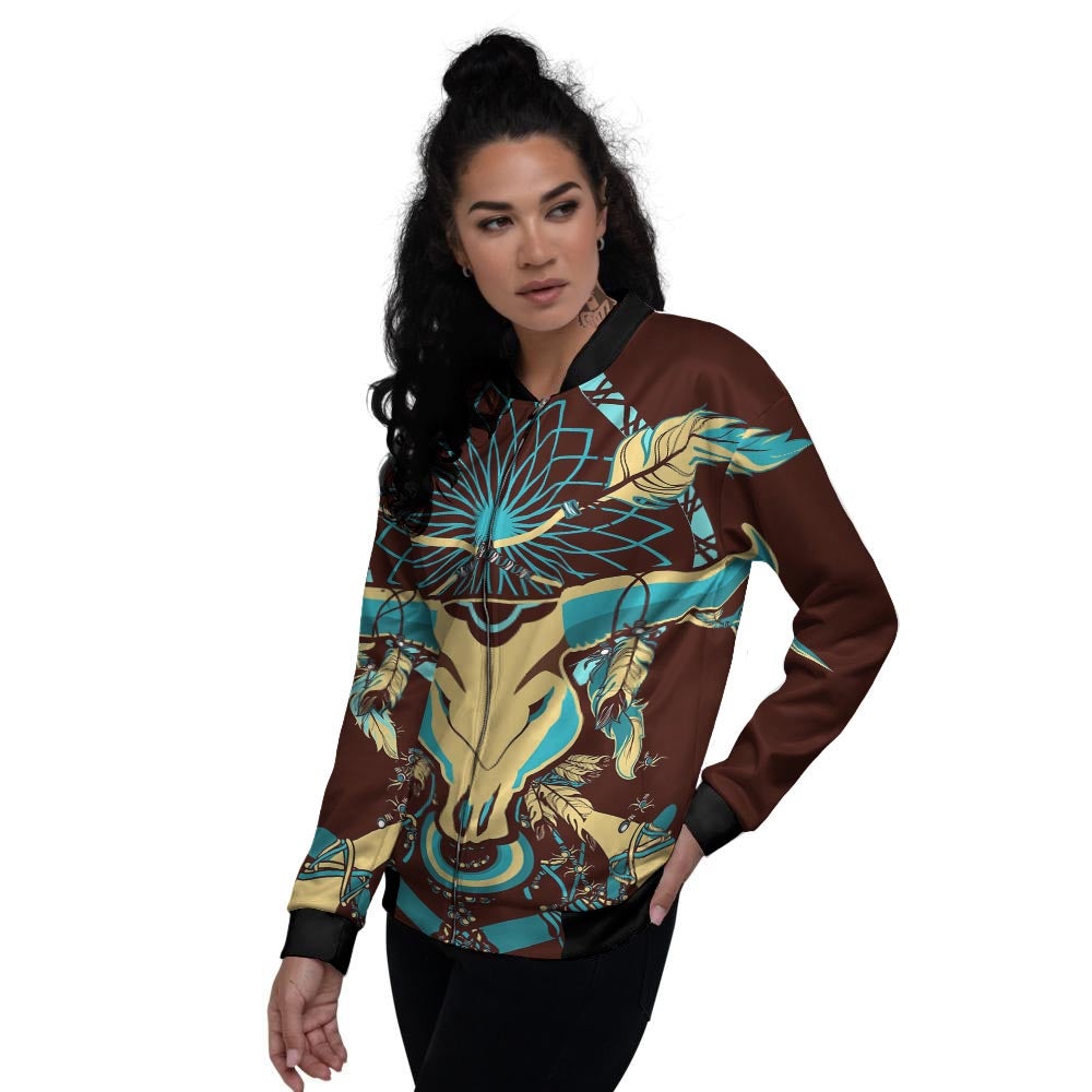 Bull Skull Indian Tribal Print Women's Bomber Jacket-grizzshop