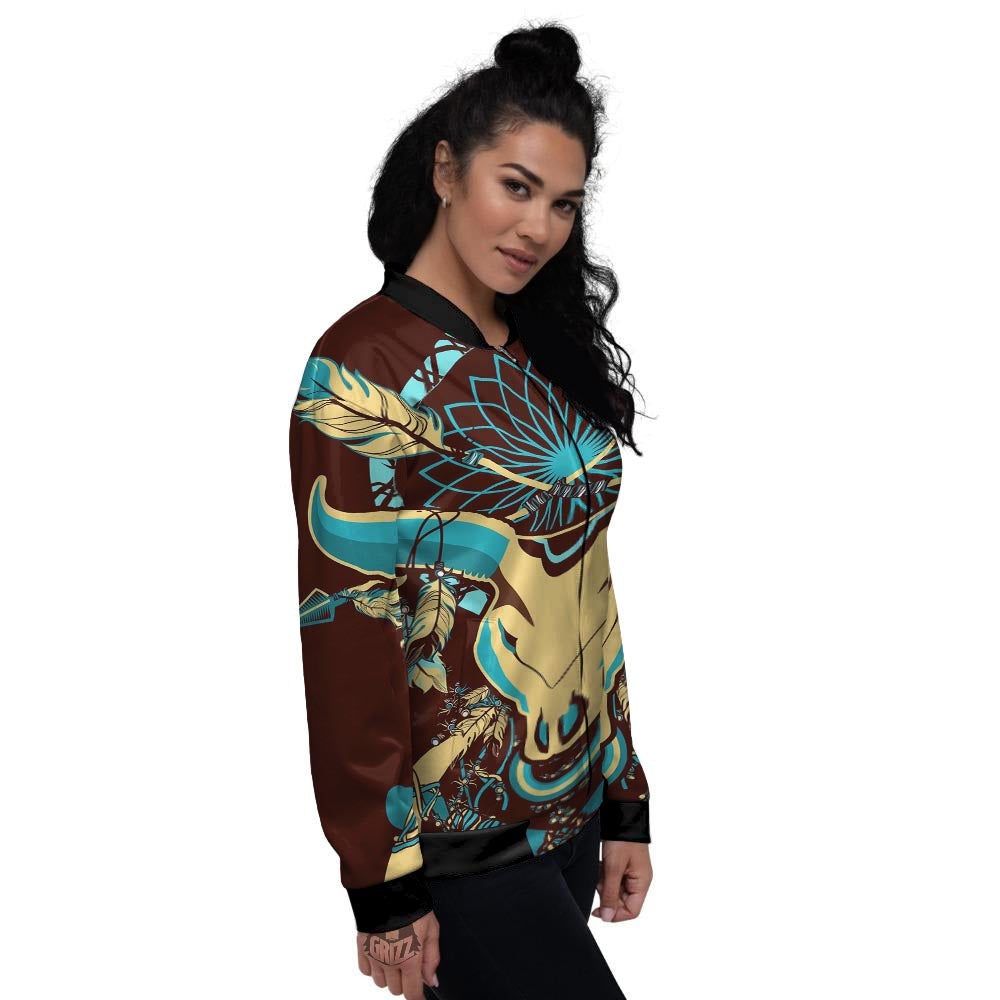 Bull Skull Indian Tribal Print Women's Bomber Jacket-grizzshop