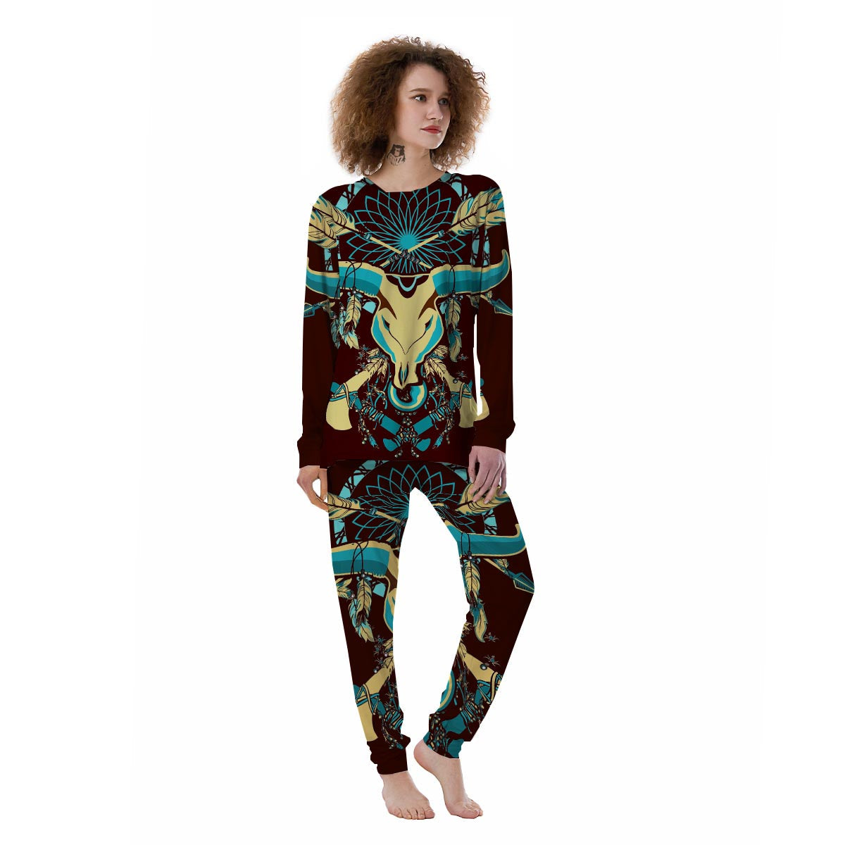 Bull Skull Indian Tribal Print Women's Pajamas-grizzshop