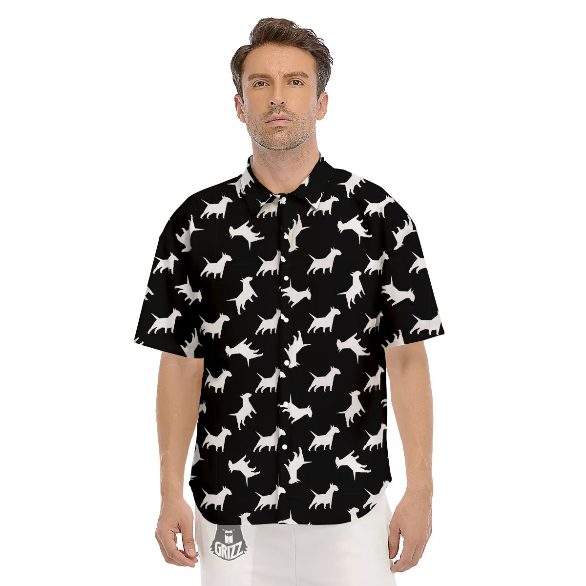 Bull Terrier Black Print Pattern Men's Short Sleeve Shirts-grizzshop