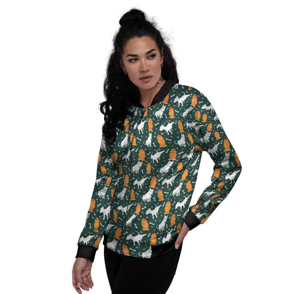 Bull Terrier Cartoon Print Pattern Women's Bomber Jacket-grizzshop