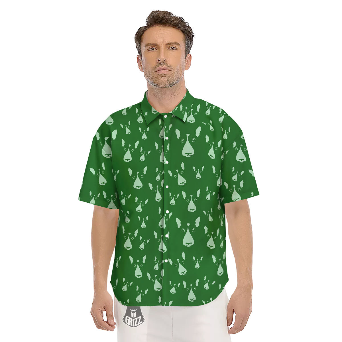 Bull Terrier Green Print Pattern Men's Short Sleeve Shirts-grizzshop