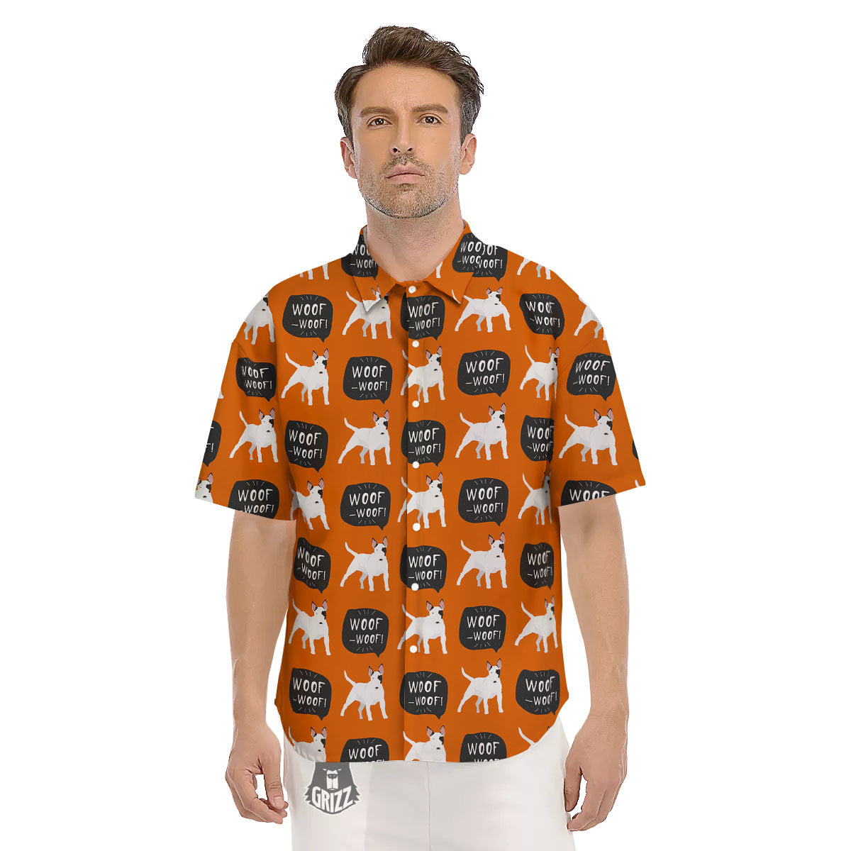 Bull Terrier Orange Print Pattern Men's Short Sleeve Shirts-grizzshop