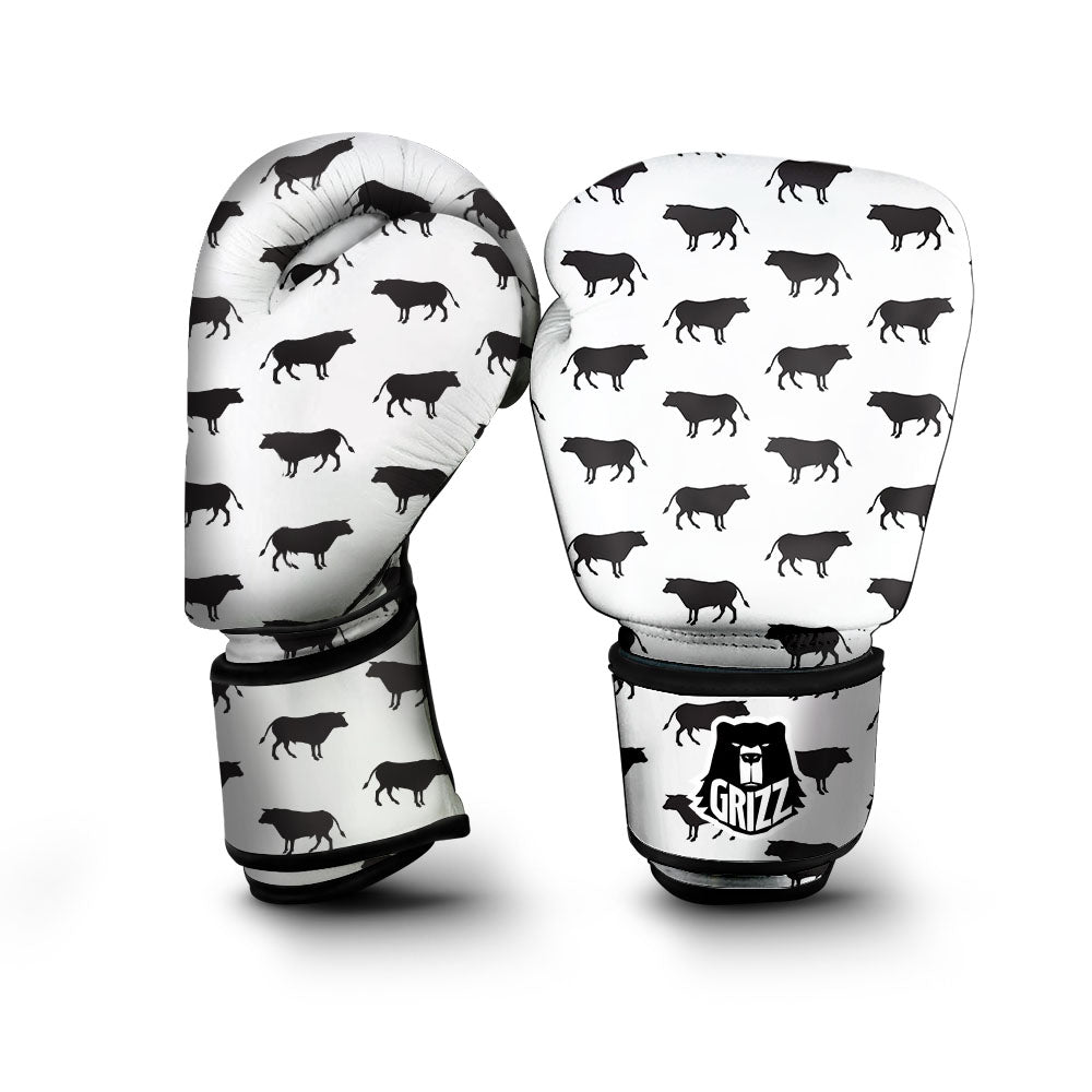 Bull White And Black Print Pattern Boxing Gloves-grizzshop