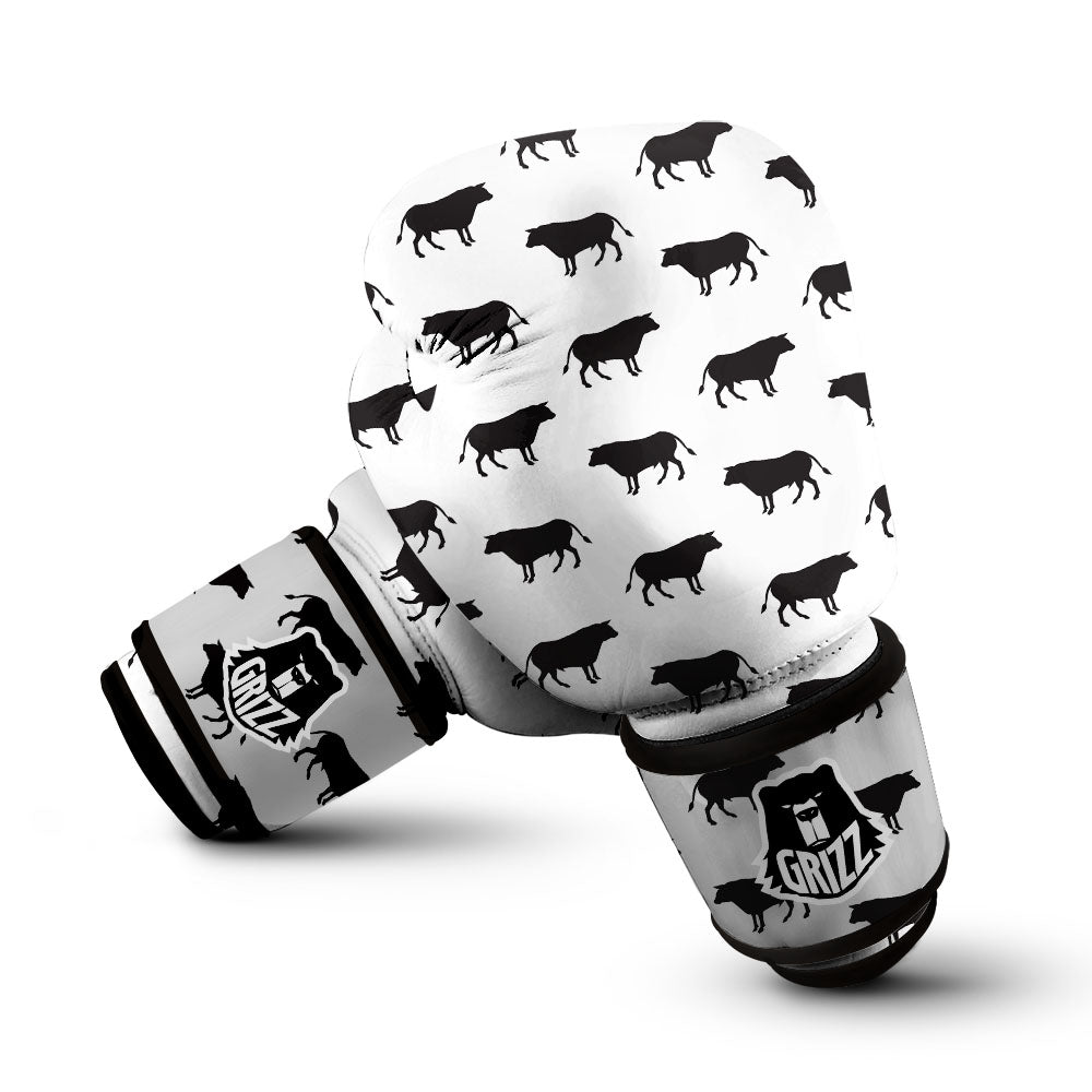 Bull White And Black Print Pattern Boxing Gloves-grizzshop