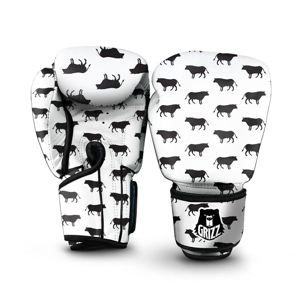 Bull White And Black Print Pattern Boxing Gloves-grizzshop