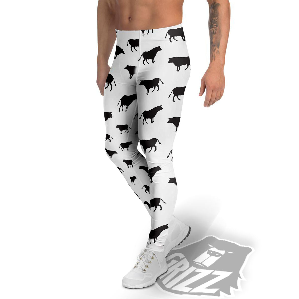 Bull White And Black Print Pattern Men's Leggings-grizzshop