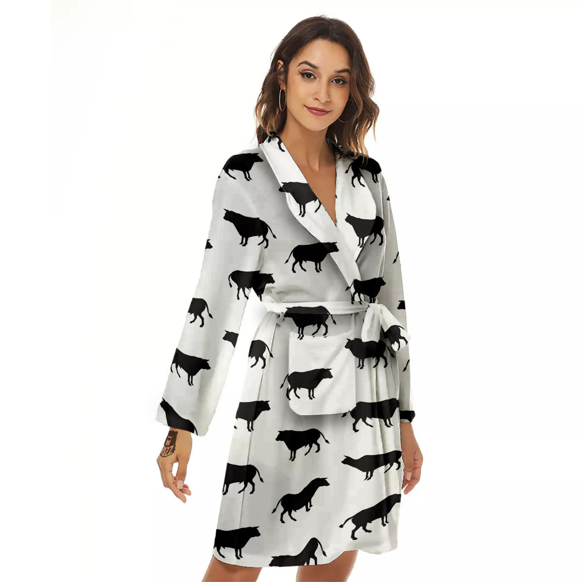 Bull White And Black Print Pattern Women's Robe-grizzshop