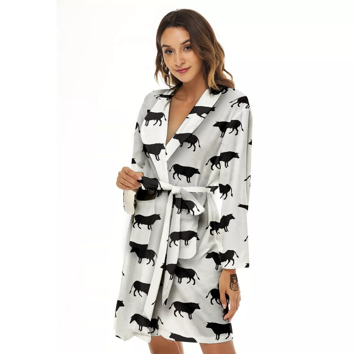 Bull White And Black Print Pattern Women's Robe-grizzshop