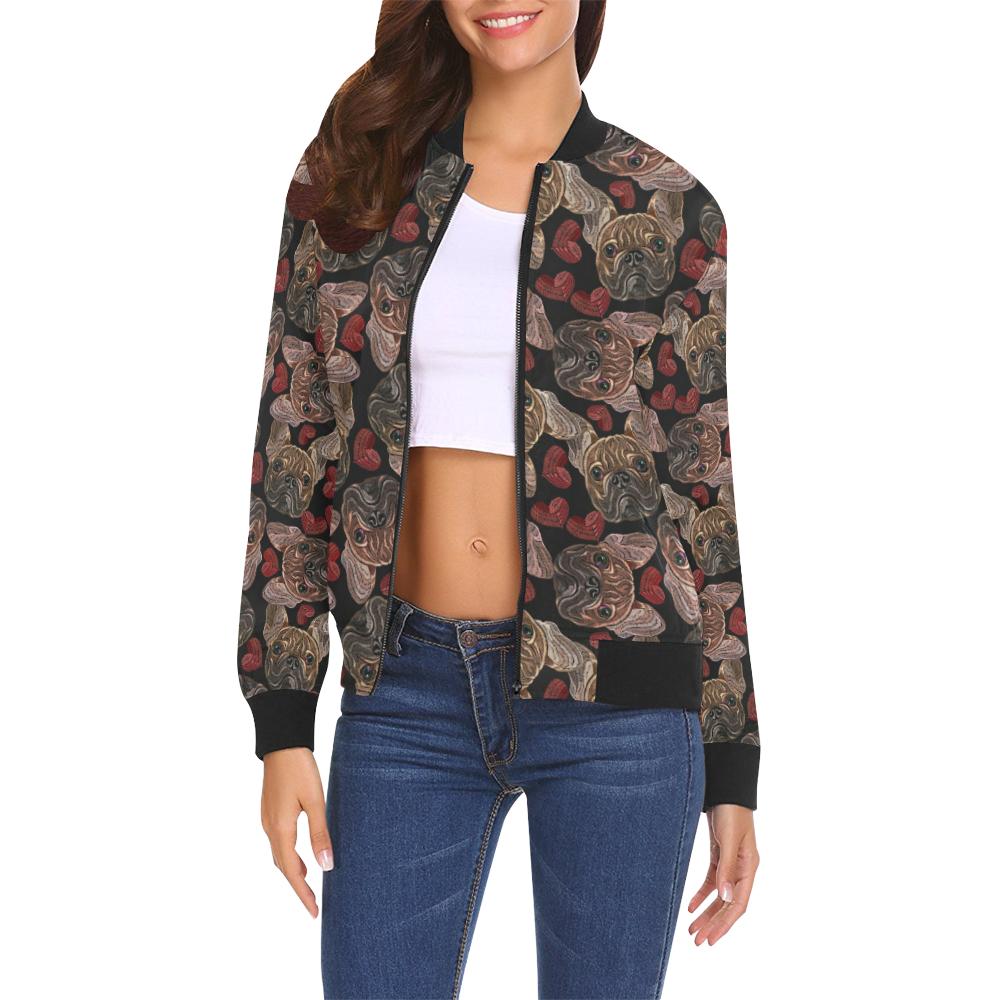 Bulldog Crochet Pattern Print Women Casual Bomber Jacket-grizzshop