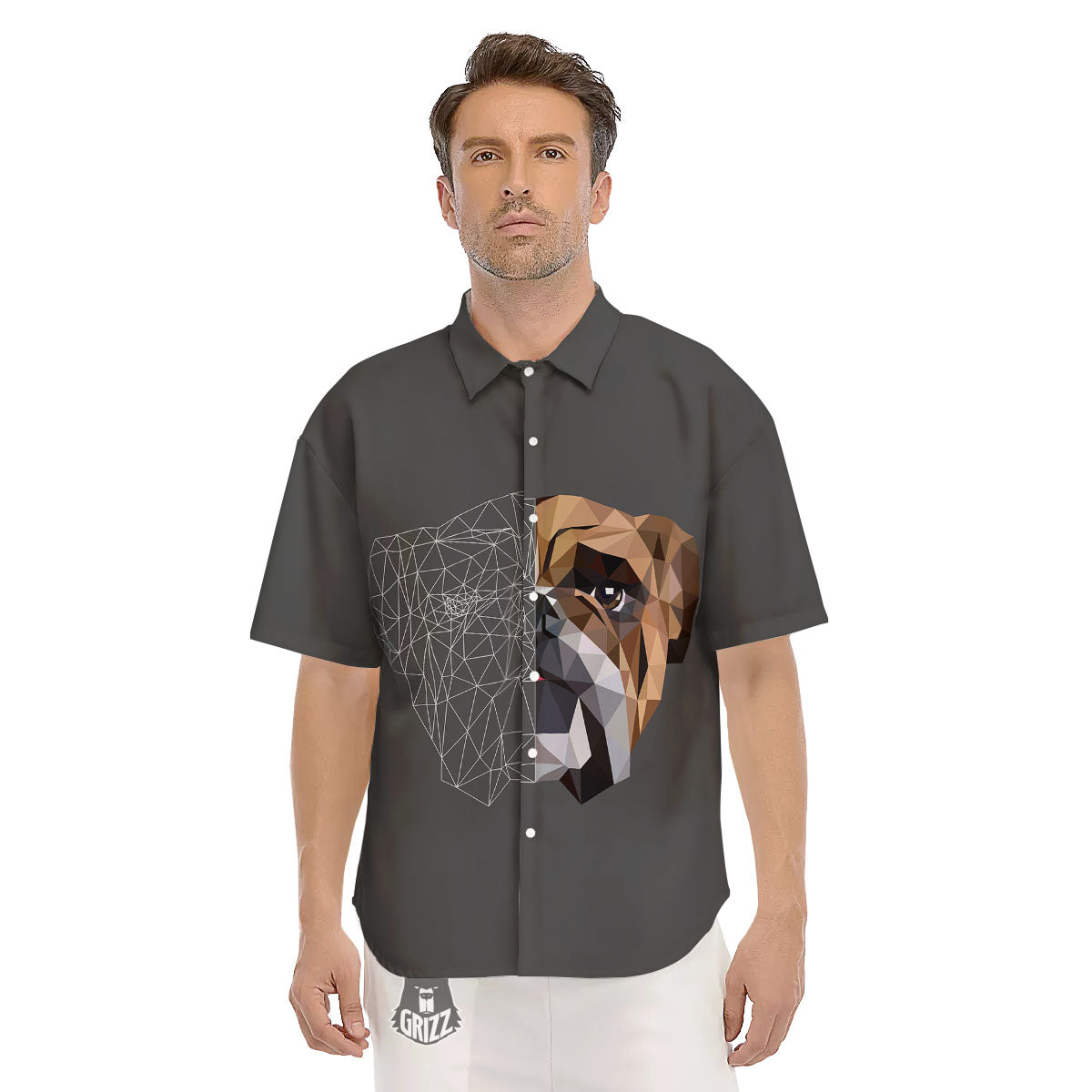 Bulldog Geometric English Print Men's Short Sleeve Shirts-grizzshop