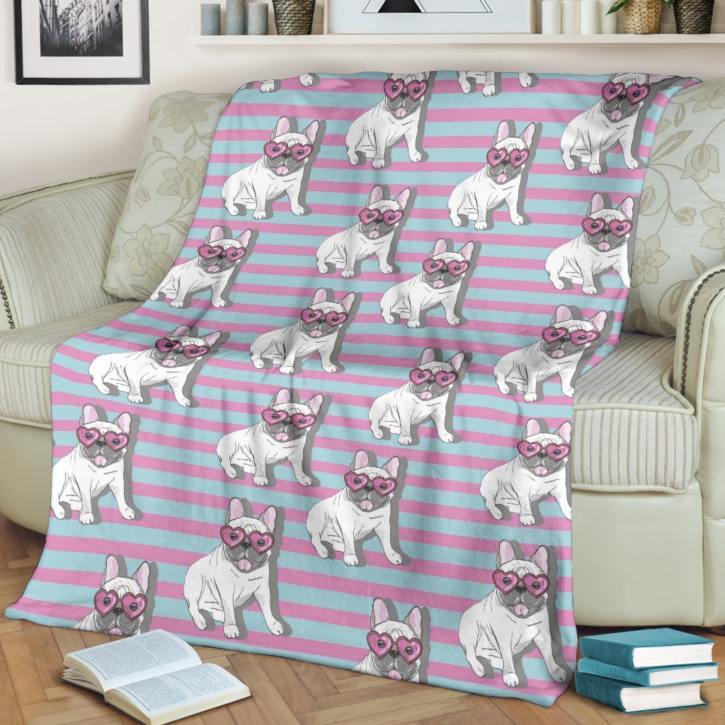 Bulldog Heart Sunglasses Pattern Print Blanket-grizzshop