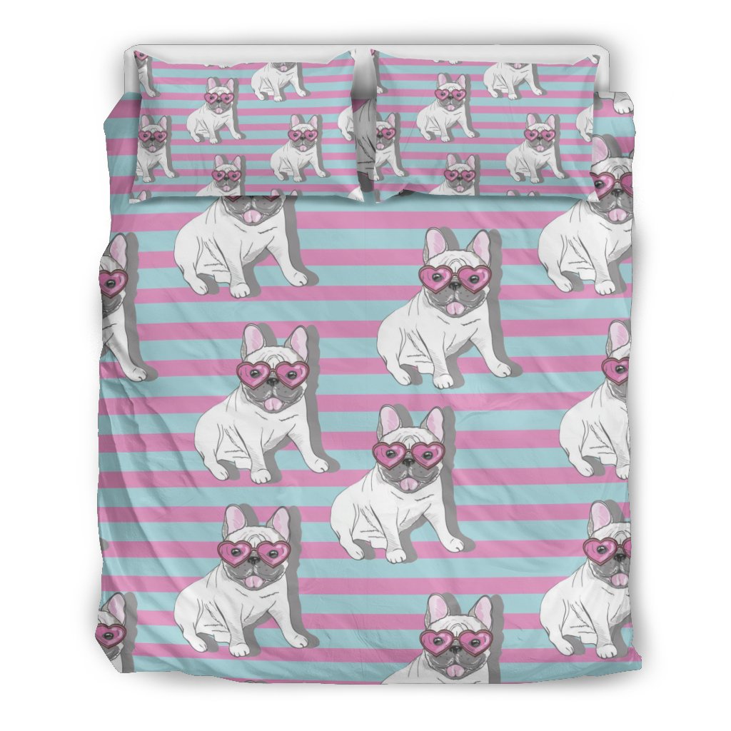 Bulldog Heart Sunglasses Pattern Print Duvet Cover Bedding Set-grizzshop