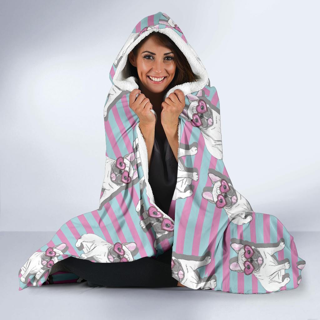 Bulldog Heart Sunglasses Pattern Print Hooded Blanket-grizzshop