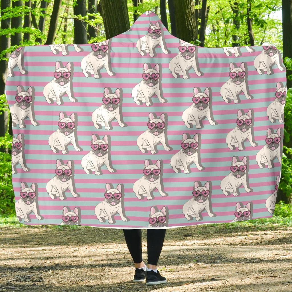 Bulldog Heart Sunglasses Pattern Print Hooded Blanket-grizzshop