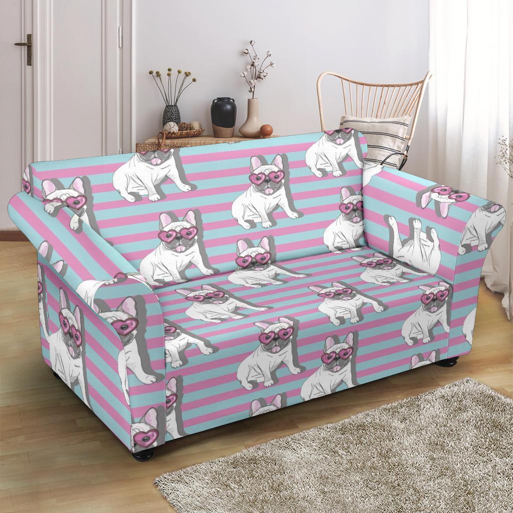 Bulldog Heart Sunglasses Pattern Print Loveseat Cover-grizzshop