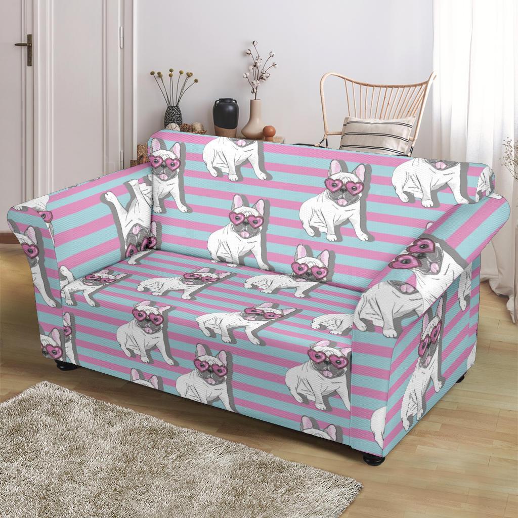 Bulldog Heart Sunglasses Pattern Print Loveseat Cover-grizzshop