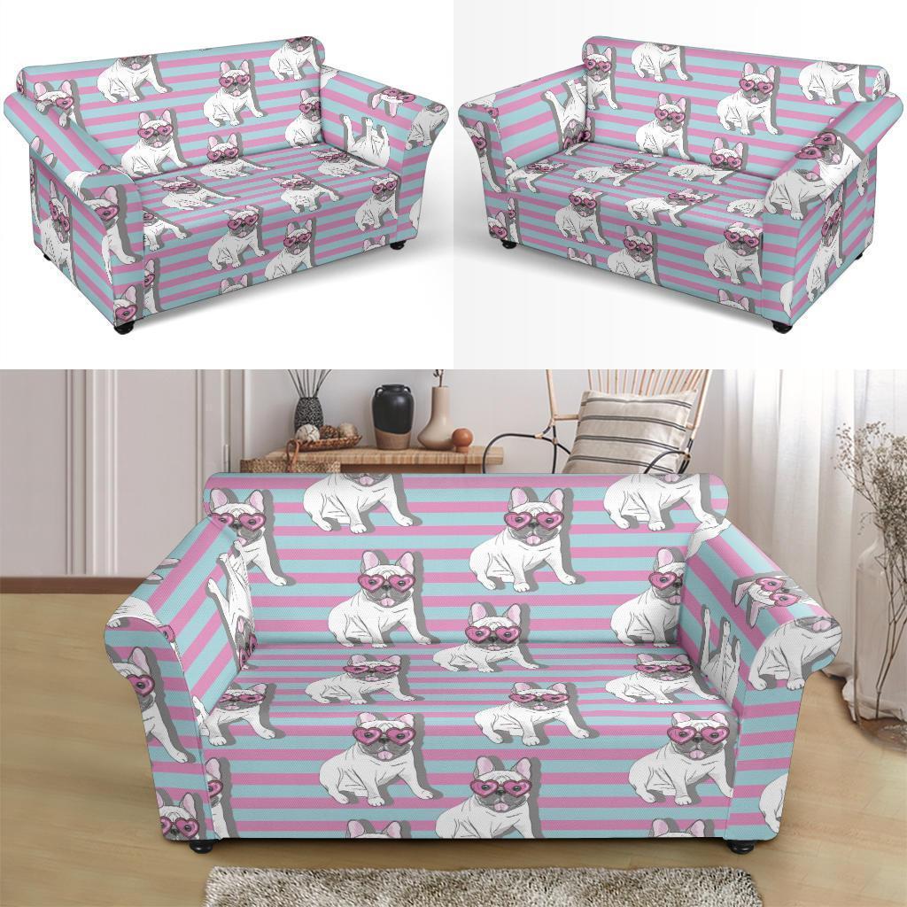 Bulldog Heart Sunglasses Pattern Print Loveseat Cover-grizzshop