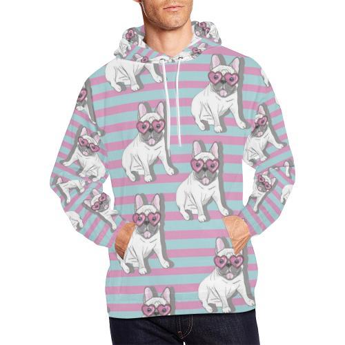 Bulldog Heart Sunglasses Pattern Print Men Pullover Hoodie-grizzshop