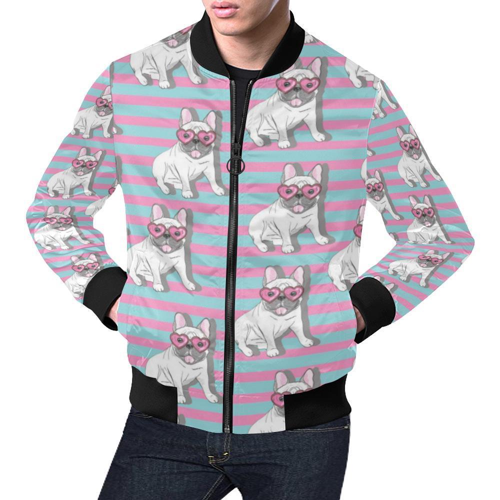 Bulldog Heart Sunglasses Pattern Print Men's Bomber Jacket-grizzshop